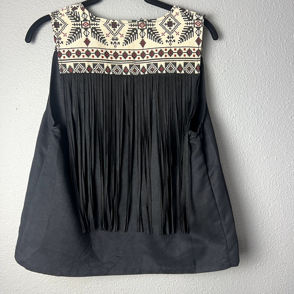 Flying Tomato Small Black Aztec Southwestern Open Vest Faux Suede Fringe Boho - Picture 3 of 9